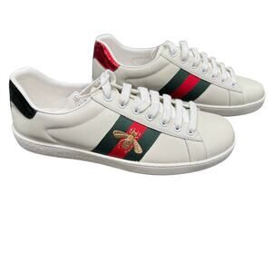 Gucci Ace Bee white leather Sneakers Sz (8 USA) women, green/red webbing. 603697